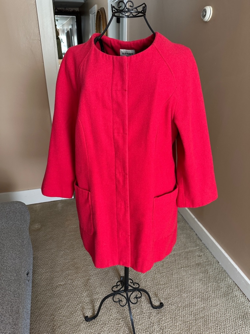 Old Navy Bright Red Collarless Pea Coat